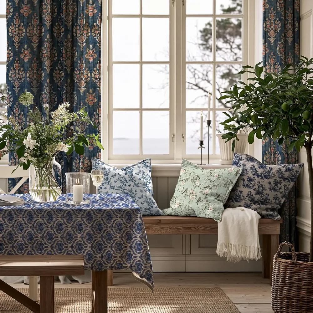 Coussins textile - Taie d'oreiller 100 % lin - Toile de Jouy, oiseaux en fleurs printaniè - NORRAVILLA