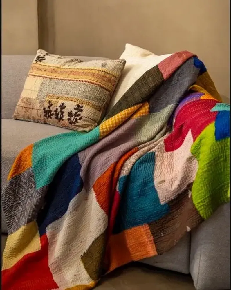 Throw blankets - Landscape Fray vintage handmade Kantha throw - MAISON MIEKO
