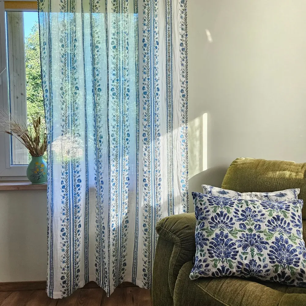 Rideaux et voilages - Rideaux 100 % lin - Imprimé floral preppy sur lin transparent - NORRAVILLA