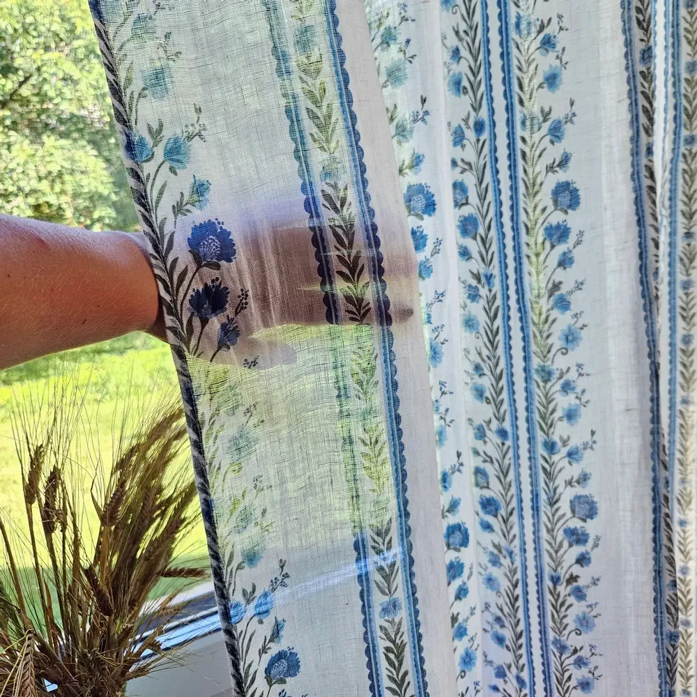 Rideaux et voilages - Rideaux 100 % lin - Imprimé floral preppy sur lin transparent - NORRAVILLA