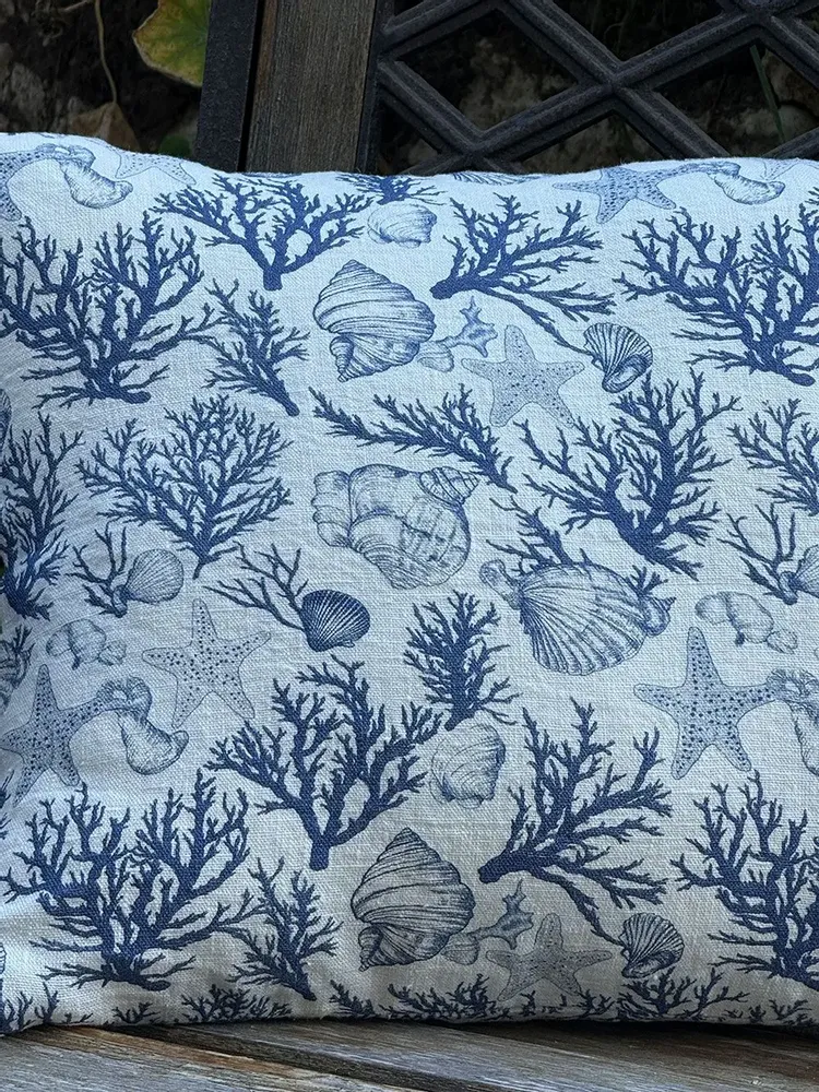 Couettes et oreillers  - Taie d'oreiller 100 % lin - Coraux et coquillages - Bleu indigo marin - NORRAVILLA