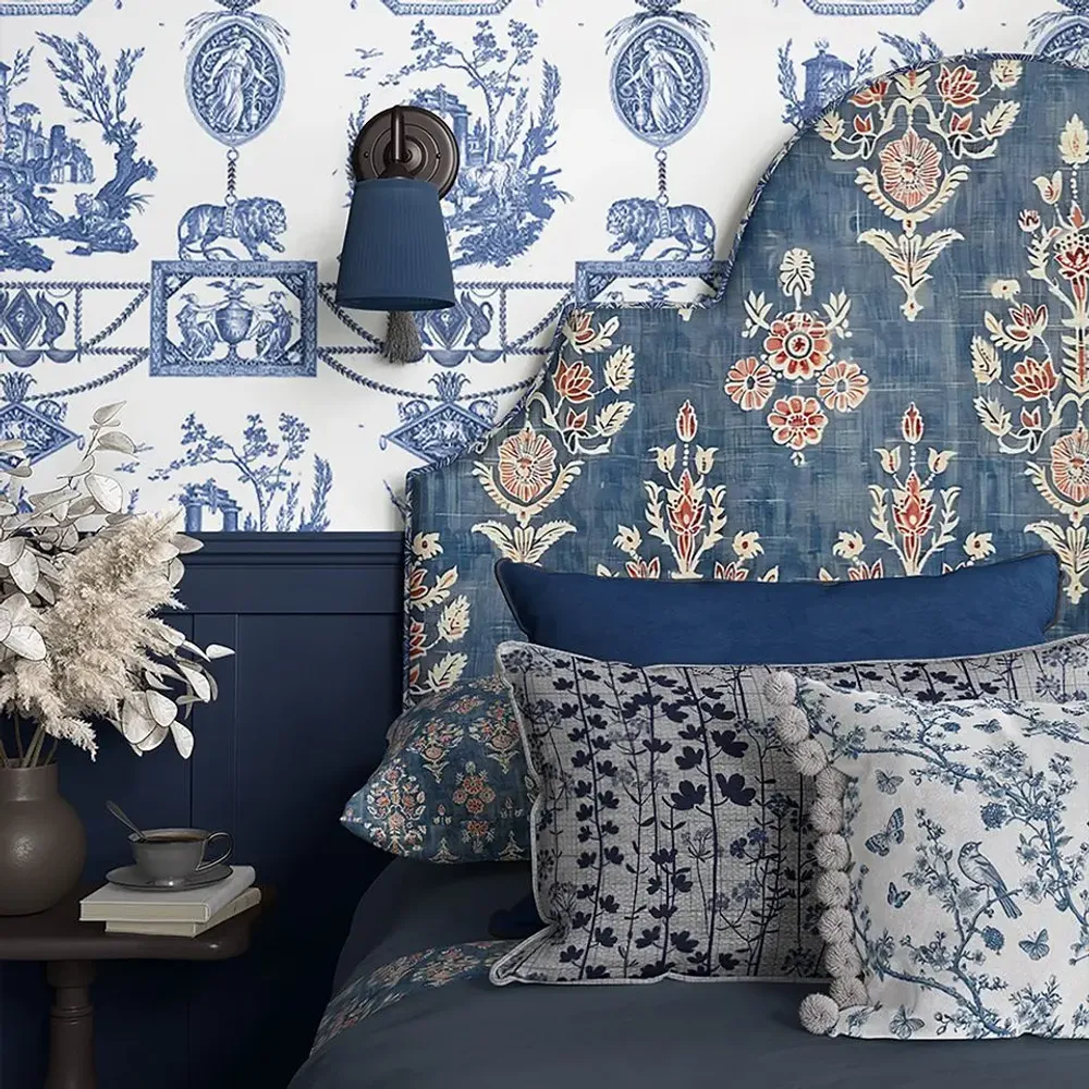 Couettes et oreillers  - Taie d'oreiller 100 % lin - Motif aneth nordique bleu indigo - NORRAVILLA