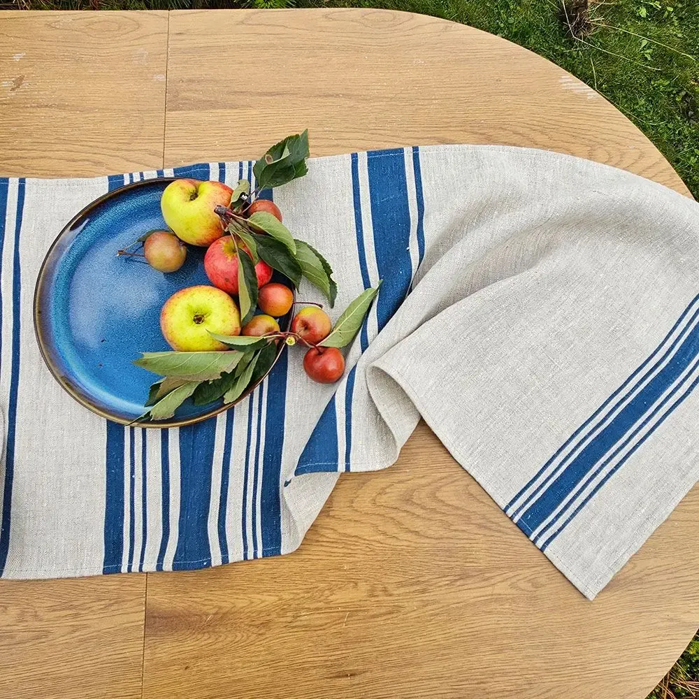 Nappes - Chemin de table en lin épais – Rayures de Liège bleues – 100 % lin - NORRAVILLA