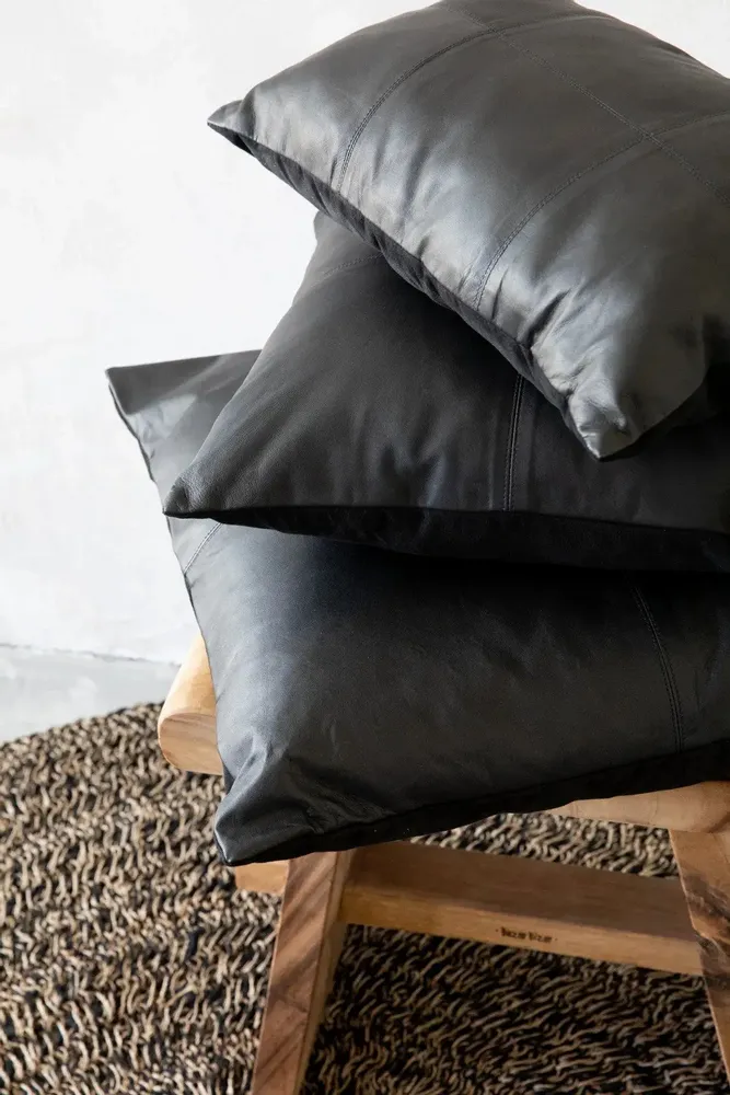 Cushions - The Four Panel Leather Cushion Cover - Black - 60x60 - BAZAR BIZAR LIVING