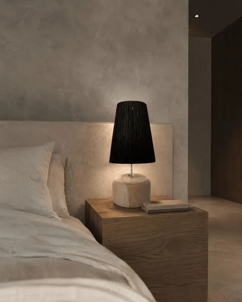 Table lamps - The Raffia Teak Wood Table Lamp - Natural Black - BAZAR BIZAR LIVING