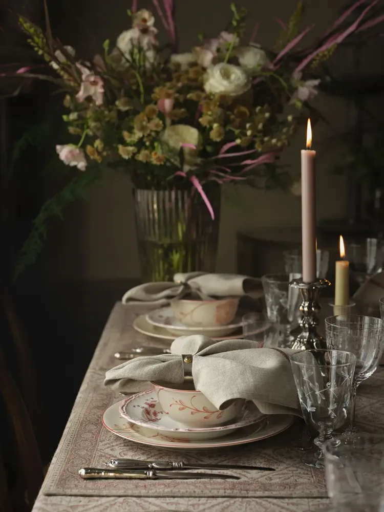 Table linen - Linen Tablecloth with Jaipur print in Old Rose - CHAMOIS