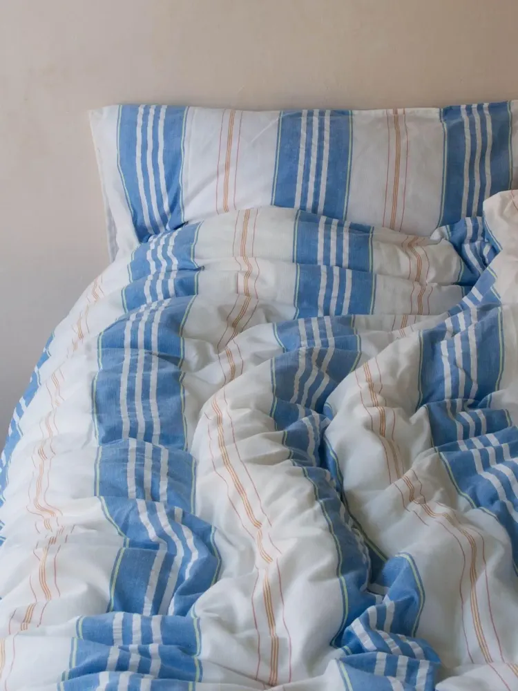 Lits - housse de couette rayée - blanc et bleu méditerranéen - OTTOMANIA