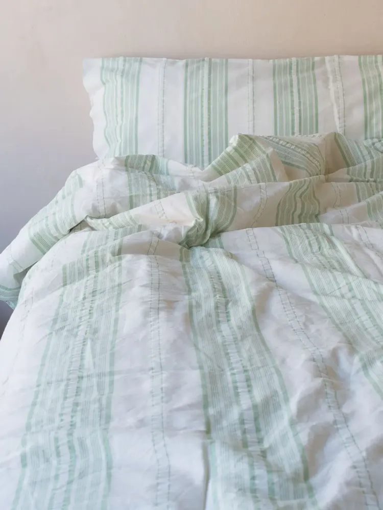 Lits - housse de couette rayée - blanc et vert pistache - OTTOMANIA