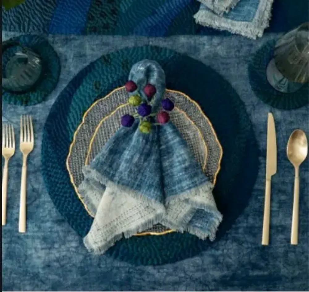 Linge de table textile - Serviette Kantha en lin faite à la main avec teinture à la boue (lot d - MAISON MIEKO
