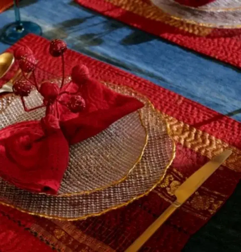 Linge de table textile - Serviette Kantha en lin faite à la main avec teinture à la boue (lot d - MAISON MIEKO