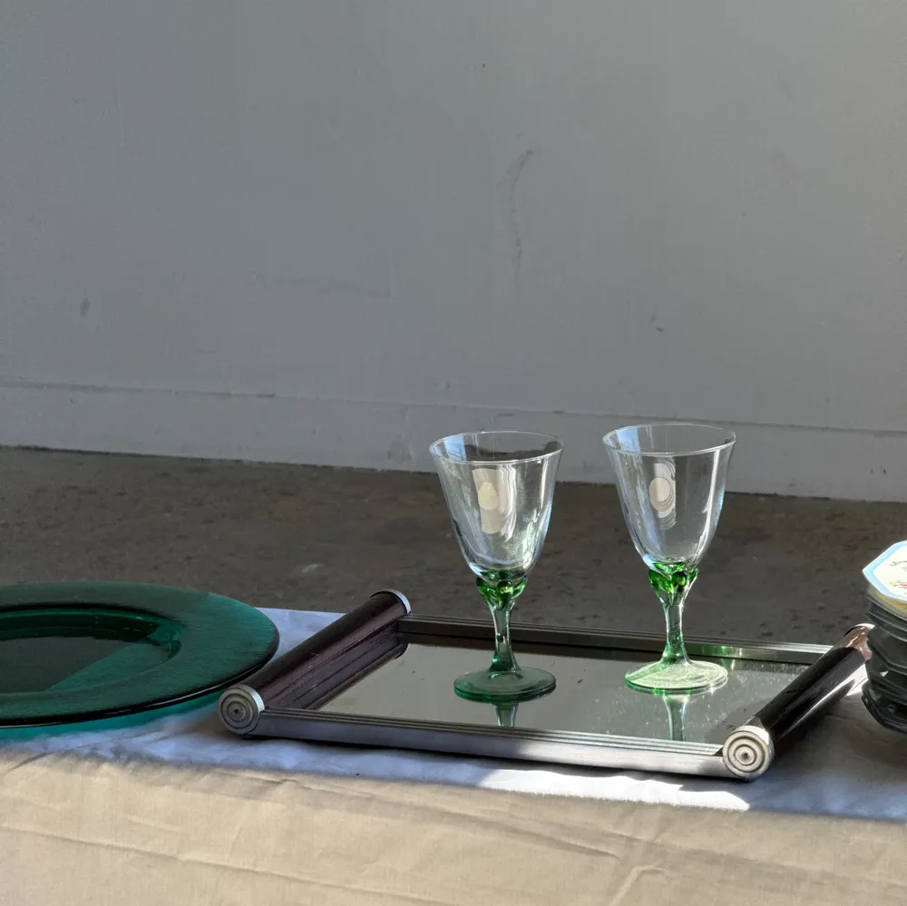 Platter and bowls - Vintage rectangular metal and wood mirror tray L38 H4 - OFFICE OBJETS