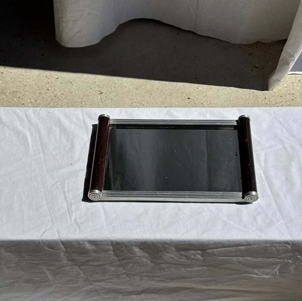 Platter and bowls - Vintage rectangular metal and wood mirror tray L38 H4 - OFFICE OBJETS