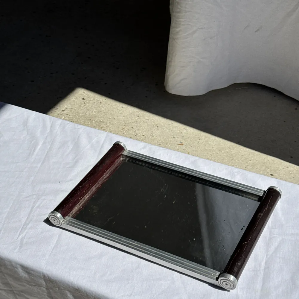 Platter and bowls - Vintage rectangular metal and wood mirror tray L38 H4 - OFFICE OBJETS