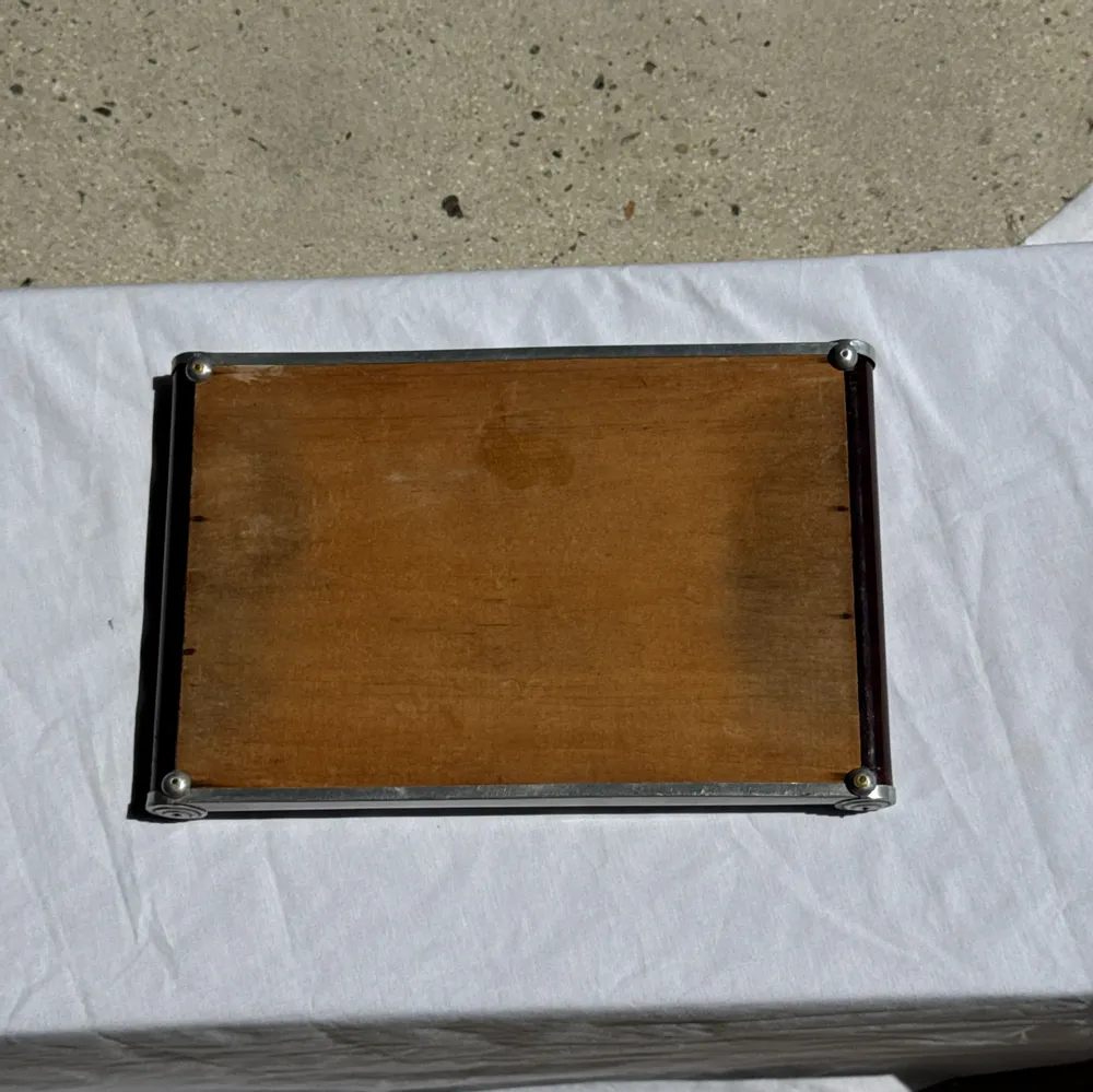 Platter and bowls - Vintage rectangular metal and wood mirror tray L38 H4 - OFFICE OBJETS
