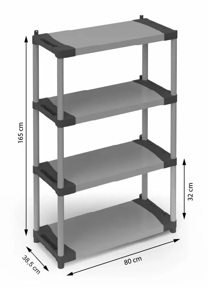 Etagères - Mongardi : Étagère en résine à 4 niveaux, Facile à monter, Résistante, Charge maximale 50 kg, Système modulaire, Intérieur et Extérieur, 80L × 39,5P × 165H cm, Gris et Noir - MONGARDI