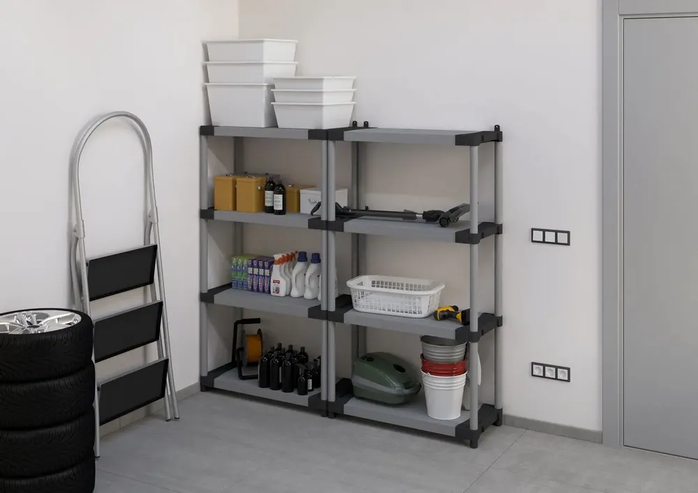 Etagères - Mongardi : Étagère en résine à 4 niveaux, Facile à monter, Résistante, Charge maximale 50 kg, Système modulaire, Intérieur et Extérieur, 80L × 39,5P × 165H cm, Gris et Noir - MONGARDI
