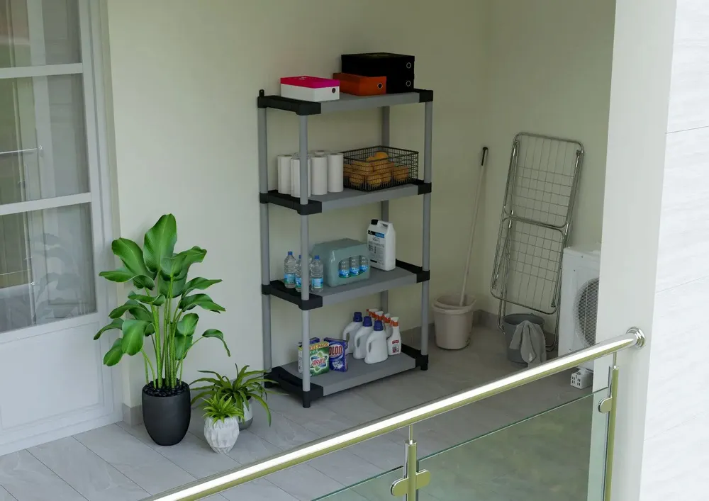 Etagères - Mongardi : Étagère en résine à 4 niveaux, Facile à monter, Résistante, Charge maximale 50 kg, Système modulaire, Intérieur et Extérieur, 80L × 39,5P × 165H cm, Gris et Noir - MONGARDI