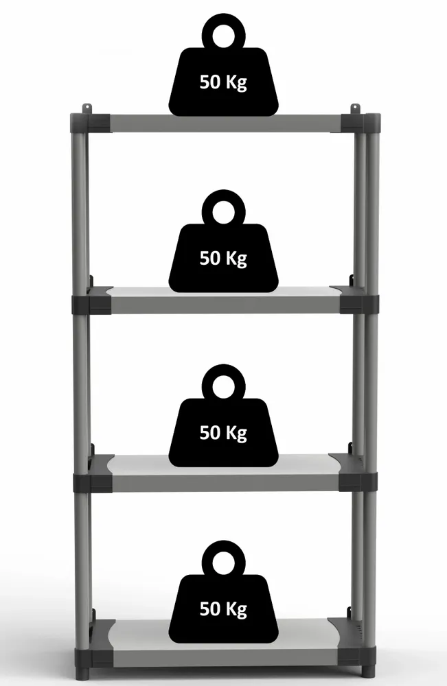 Etagères - Mongardi : Étagère en résine à 4 niveaux, Facile à monter, Résistante, Charge maximale 50 kg, Système modulaire, Intérieur et Extérieur, 80L × 39,5P × 165H cm, Gris et Noir - MONGARDI
