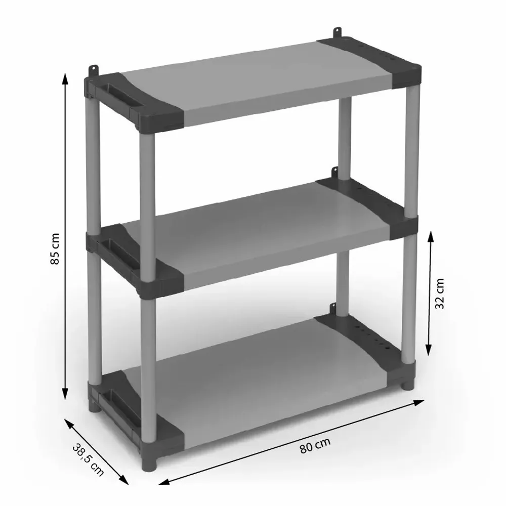 Etagères - Mongardi : Étagère en résine à 3 niveaux, Facile à monter, Résistante, Charge maximale 50 kg, Système modulaire, Intérieur et Extérieur, 80L × 39,5P × 85H cm, Gris et Noir - MONGARDI