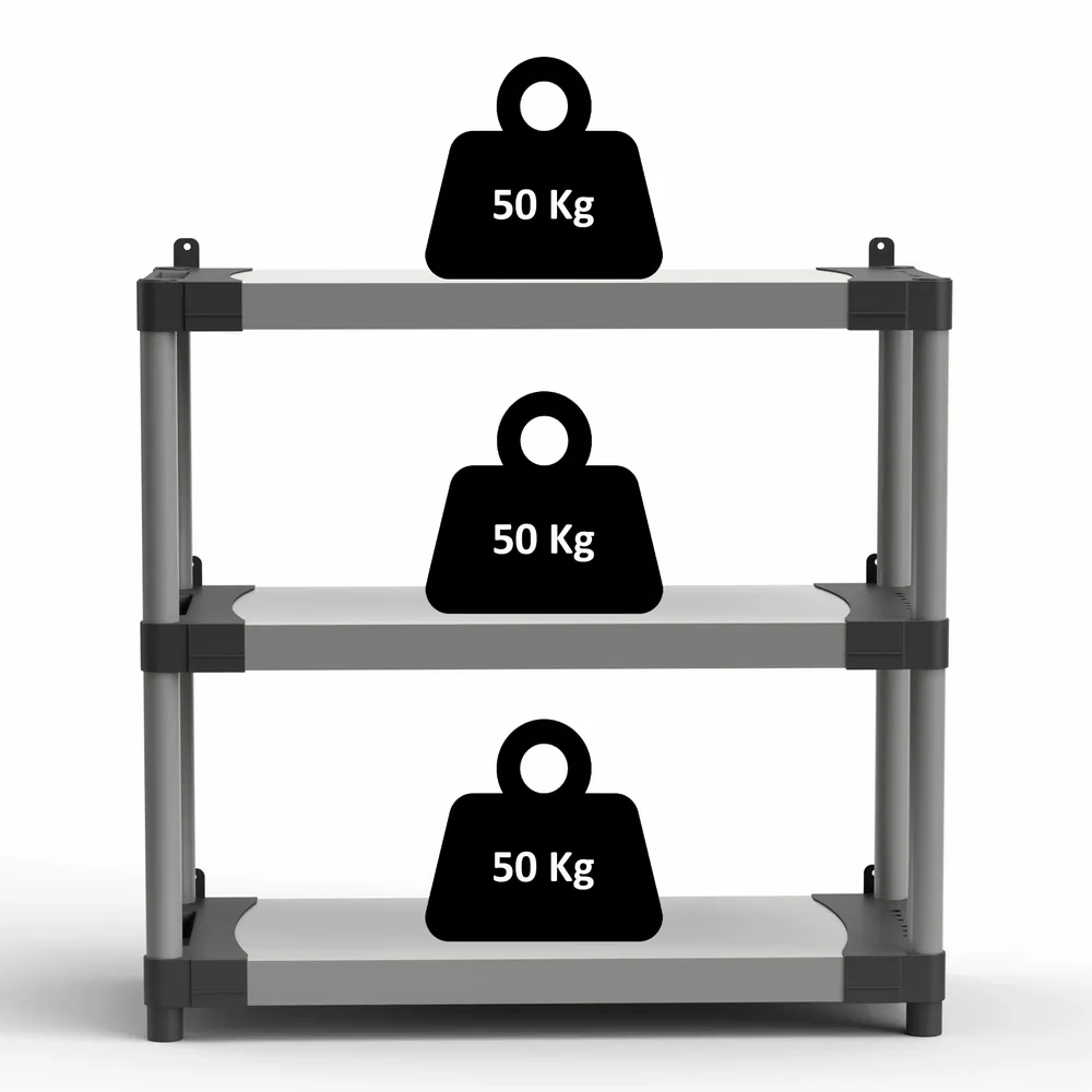 Etagères - Mongardi : Étagère en résine à 3 niveaux, Facile à monter, Résistante, Charge maximale 50 kg, Système modulaire, Intérieur et Extérieur, 80L × 39,5P × 85H cm, Gris et Noir - MONGARDI