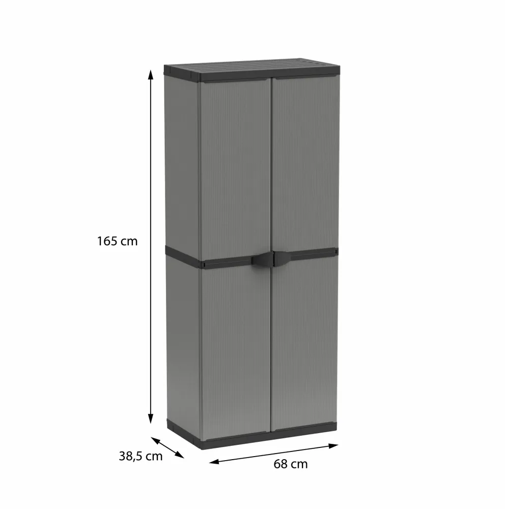 Etagères - Mongardi : Armoire à balais en résine avec deux portes, Facile à monter, Système modulaire, Intérieur et Extérieur, 68L × 38,5P × 165H cm, Gris et Noir - MONGARDI
