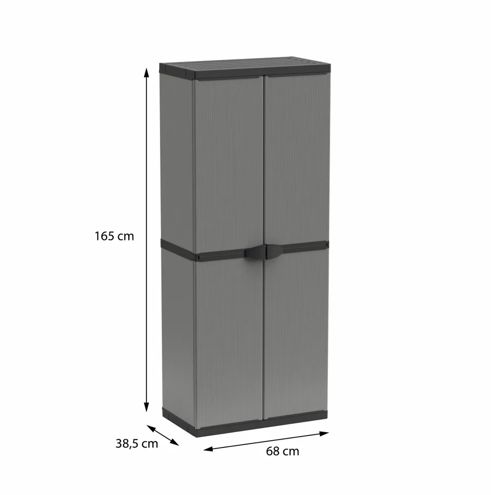 Etagères - Mongardi : Armoire à 3 niveaux en résine avec deux portes, Facile à monter, Système modulaire, Intérieur et Extérieur, 68L × 38,5P × 165H cm, Gris et Noir - MONGARDI