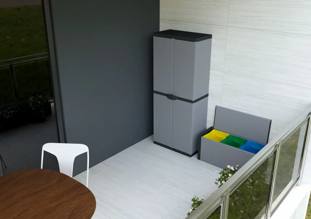 Etagères - Mongardi : Armoire à 3 niveaux en résine avec deux portes, Facile à monter, Système modulaire, Intérieur et Extérieur, 68L × 38,5P × 165H cm, Gris et Noir - MONGARDI
