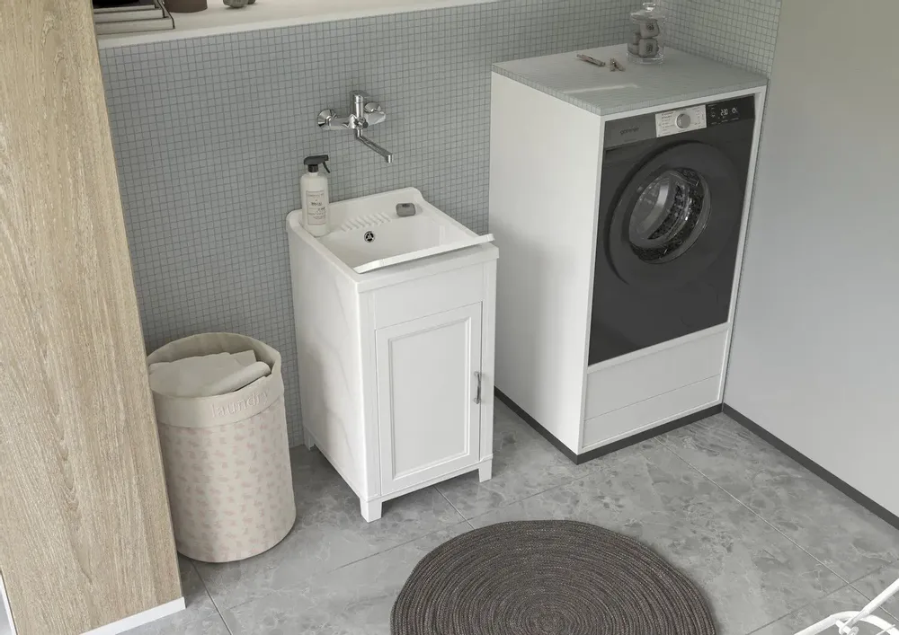 Sinks - Mongardi: Resin Utility Sink Cabinet, Pre-Drilled for Tap Installation, Acid-Resistant, Indoor and Outdoor, 45W × 50D × 85H cm, White - MONGARDI