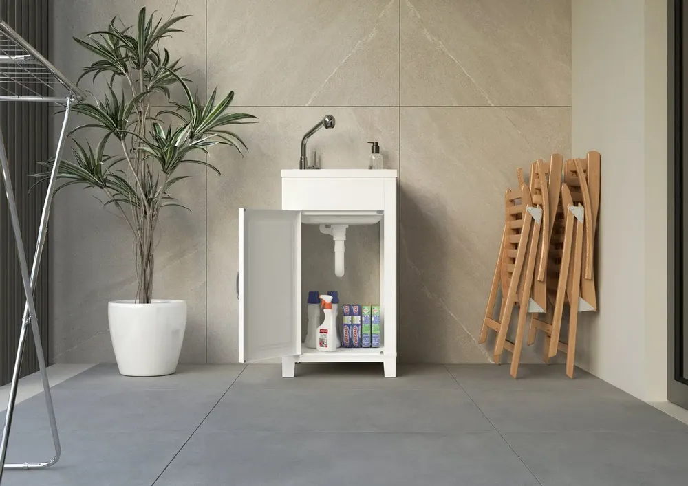 Sinks - Mongardi: Resin Utility Sink Cabinet, Pre-Drilled for Tap Installation, Acid-Resistant, Indoor and Outdoor, 45W × 50D × 85H cm, White - MONGARDI
