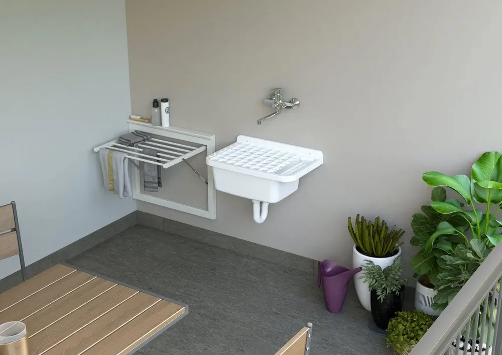 Lavabos - Mongardi : Évier multifonction en résine avec grille, Fixation murale, Résistant aux acides, Intérieur et Extérieur, 50L × 33,5P × 24H cm, Blanc - MONGARDI