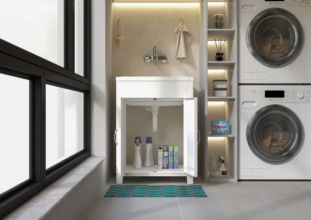 Sinks - Mongardi: Resin Utility Sink Cabinet, Pre-Drilled for Tap Installation, Acid-Resistant, Indoor and Outdoor, 60W × 60D × 85H cm, White - MONGARDI