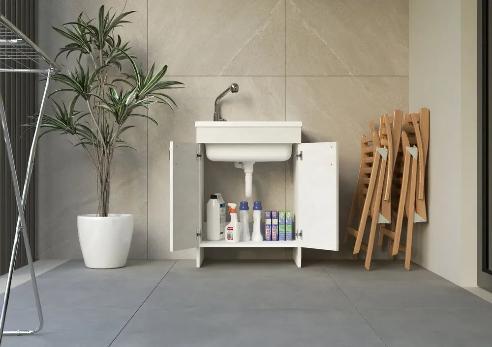 Lavabos - Mongardi : Meuble évier-lavoir en bois avec bac en résine, Pré-perçable pour installer un robinet, Résistant aux acides, Intérieur, 60L × 50P × 85H cm, Blanc - MONGARDI