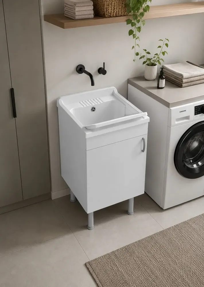 Sinks - Mongardi: Star Wooden Utility Sink Cabinet with Feet and Resin Tub, Pre-Drilled for Tap Installation, Acid-Resistant, Indoor, 46W × 51D × 85H cm, White - MONGARDI
