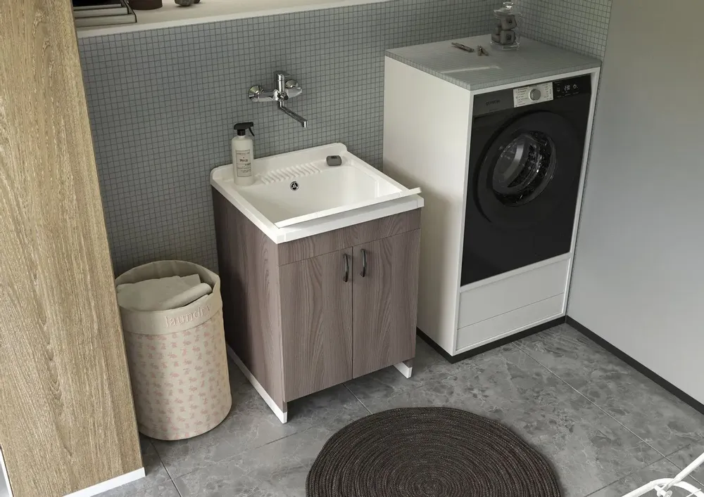 Lavabos - Mongardi : Meuble évier-lavoir en bois avec bac en résine, Pré-perçable pour installer un robinet, Résistant aux acides, Intérieur, 60L × 50P × 85H cm, Chêne - MONGARDI