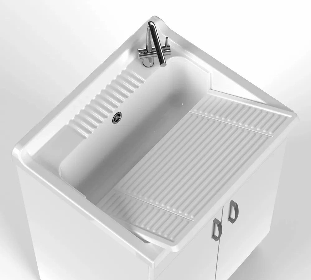 Sinks - Mongardi: Star Wooden Utility Sink Cabinet with Feet and Resin Tub, Pre-Drilled for Tap Installation, Acid-Resistant, Indoor, 61W × 51D × 85H cm, White - MONGARDI