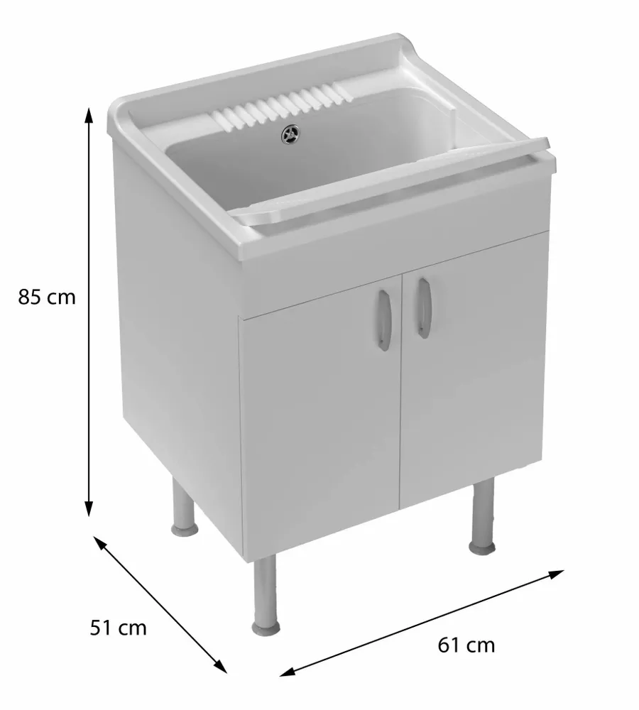 Sinks - Mongardi: Star Wooden Utility Sink Cabinet with Feet and Resin Tub, Pre-Drilled for Tap Installation, Acid-Resistant, Indoor, 61W × 51D × 85H cm, White - MONGARDI