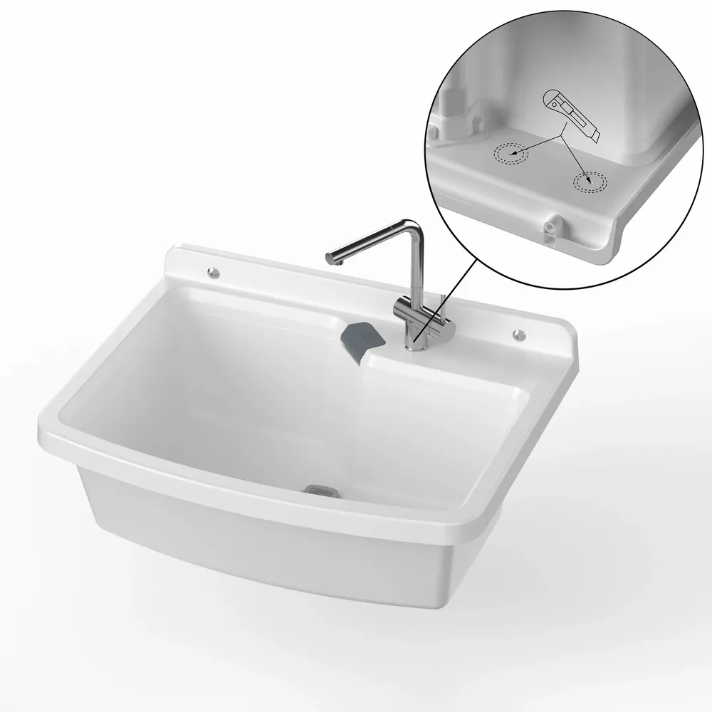 Lavabos - Mongardi : Évier multifonction Linea Vela en résine, Fixation murale, Résistant aux acides, Intérieur et Extérieur, 60L × 45P × 25H cm, Blanc - MONGARDI