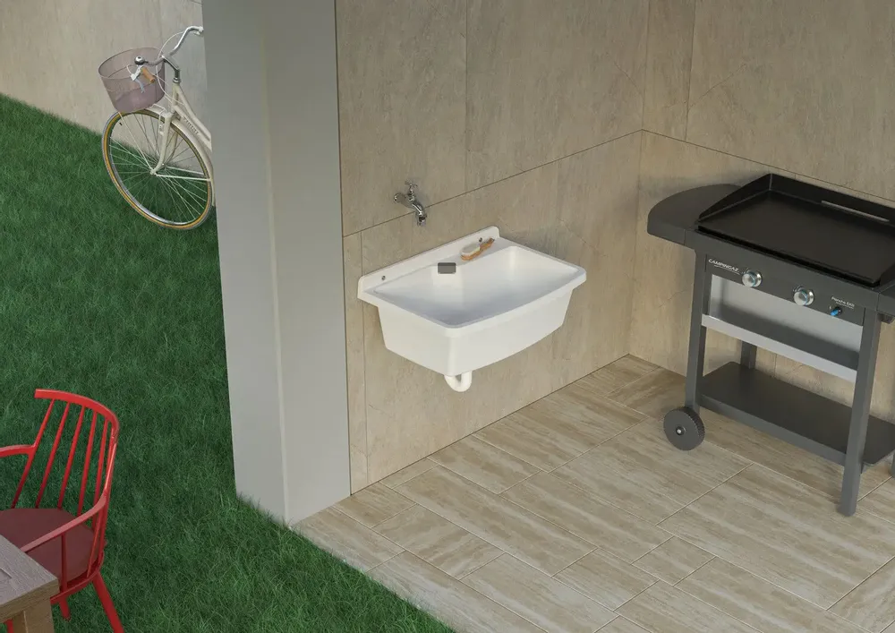 Lavabos - Mongardi : Évier multifonction Linea Vela en résine, Fixation murale, Résistant aux acides, Intérieur et Extérieur, 69L × 49P × 29H cm, Blanc - MONGARDI