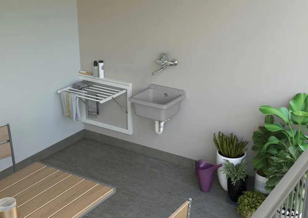 Lavabos - Mongardi : Évier multifonction en résine, Fixation murale, Résistant aux acides, Intérieur et Extérieur, 39L × 39P × 24H cm, Gris ciment - MONGARDI