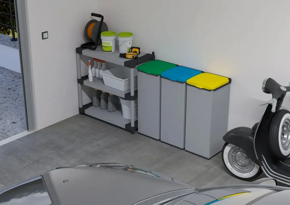 Shelves - Mongardi: 4'Otto Resin Bag Holder, Easy to Assemble, Modular, With Lid and Bag Retaining Frame, Suitable for 80–110 L Bags, 32W × 35D × 80H cm, Grey and Yellow - MONGARDI