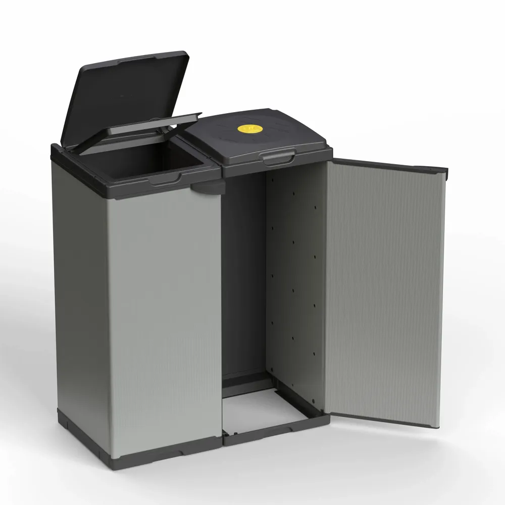 Etagères - Mongardi : Meuble porte-sac Mono en résine, Facile à monter, Deux portes, Avec couvercle et cadre de maintien du sac, Adapté aux sacs de 80 à 110 L, 68L × 38P × 87H cm, Noir et Gris - MONGARDI