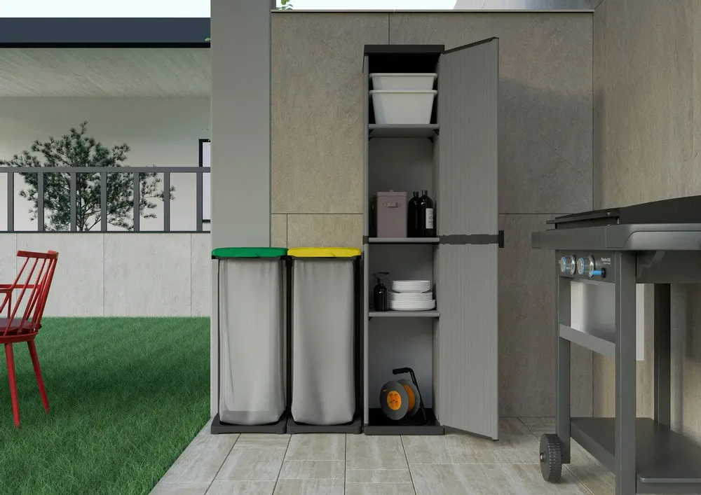Etagères - Mongardi : Armoire à 3 niveaux en résine avec une porte, Facile à monter, Système modulaire, Intérieur et Extérieur, 34L × 38,5P × 165H cm, Gris et Noir - MONGARDI