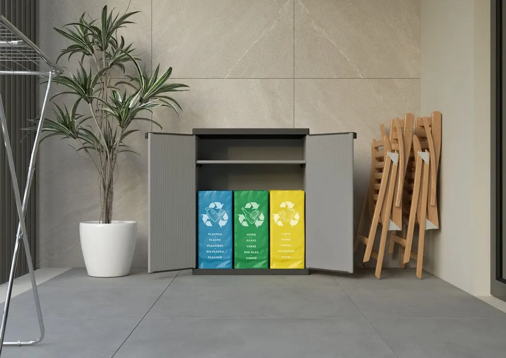 Etagères - Mongardi : Armoire en résine à deux portes pour le tri sélectif, Facile à monter, Compacte, Système modulaire, Intérieur et Extérieur, 68L × 38,5P × 85H cm, Gris et Noir - MONGARDI