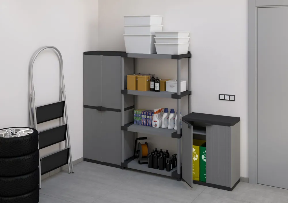 Etagères - Mongardi : Armoire en résine à deux portes pour le tri sélectif, Facile à monter, Compacte, Système modulaire, Intérieur et Extérieur, 68L × 38,5P × 85H cm, Gris et Noir - MONGARDI