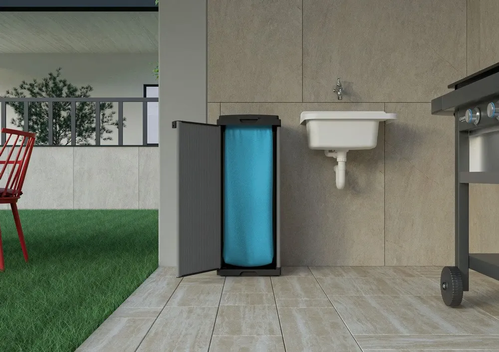 Shelves - Mongardi: Mono Resin Bag Holder Cabinet, Easy to Assemble, One Door, With Lid and Bag Retaining Frame, Suitable for 80–110 L Bags, 34W × 38D × 87H cm, Black and Grey - MONGARDI