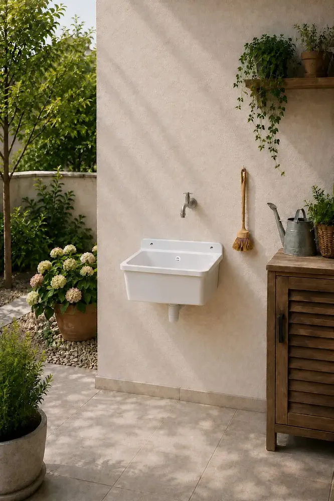 Sinks - Mongardi: Resin Utility Sink, Wall-Mounted, Acid-Resistant, Indoor and Outdoor, 39W × 39D × 24H cm, White - MONGARDI