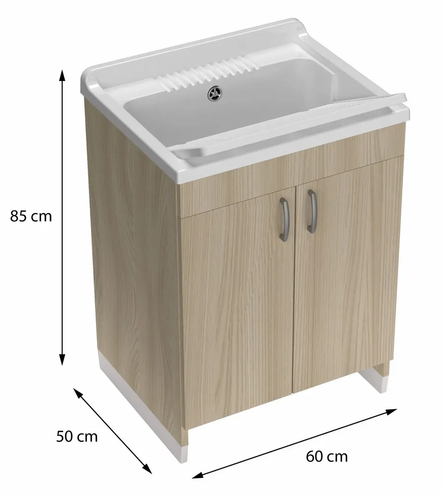 Lavabos - Mongardi : Meuble évier-lavoir en bois avec bac en résine, Pré-perçable pour installer un robinet, Résistant aux acides, Intérieur, 60L × 50P × 85H cm, Orme - MONGARDI