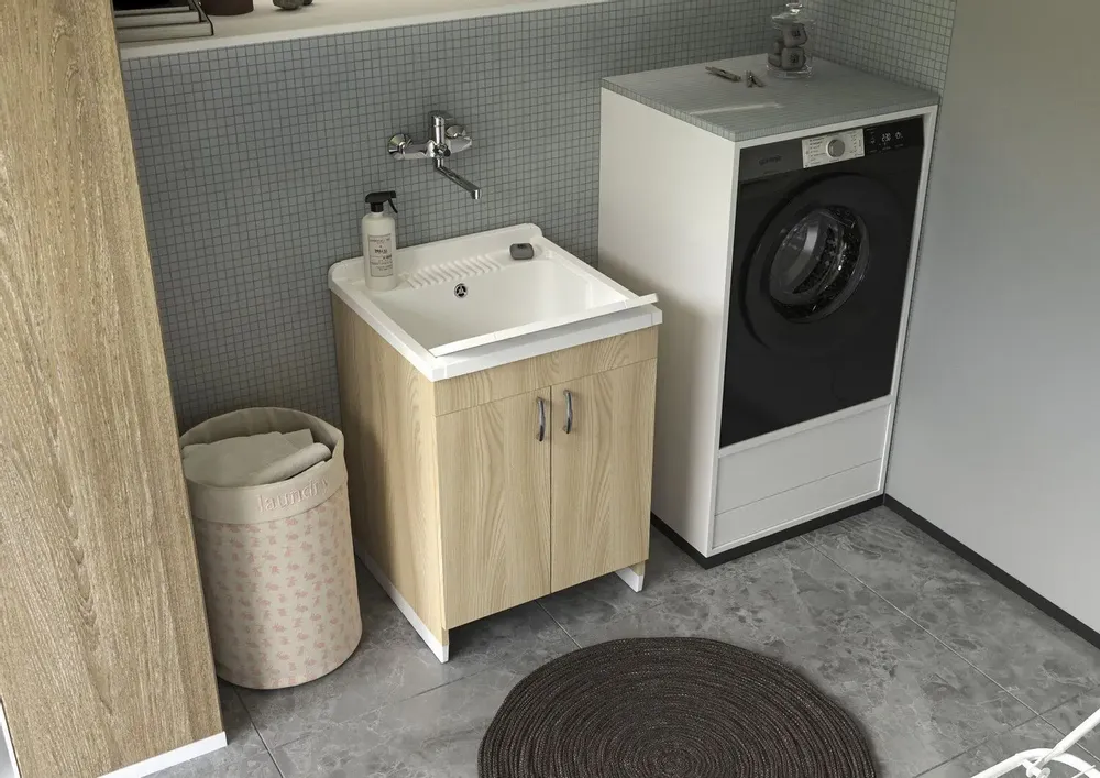 Lavabos - Mongardi : Meuble évier-lavoir en bois avec bac en résine, Pré-perçable pour installer un robinet, Résistant aux acides, Intérieur, 60L × 50P × 85H cm, Orme - MONGARDI