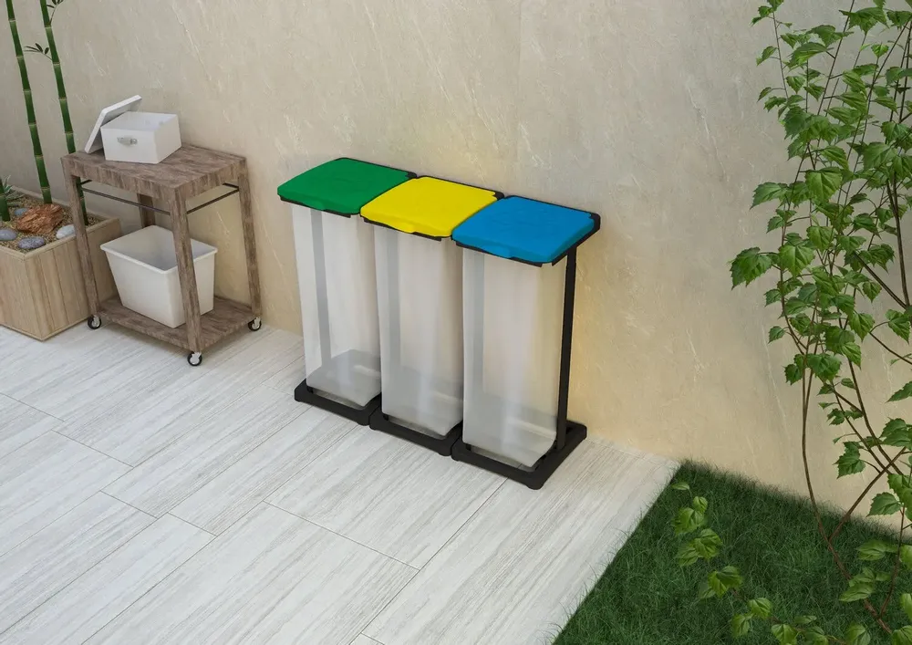 Etagères - Mongardi : Porte-sac Mr. B Tris en résine, Facile à monter, Avec couvercle et cadre de maintien du sac, Adapté aux sacs de 80 à 110 L, 97L × 36P × 80H cm, Noir, Vert, Jaune et Bleu - MONGARDI