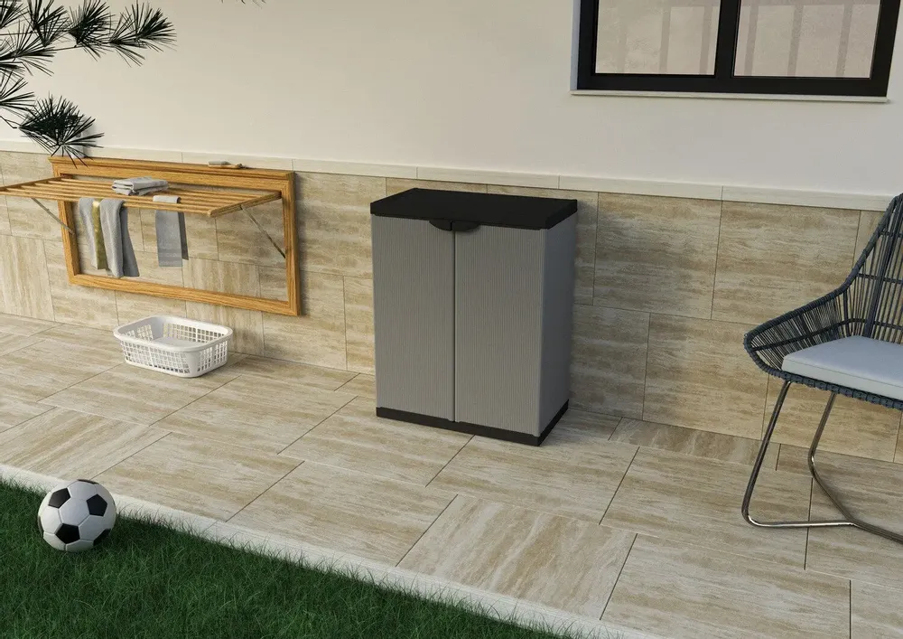 Etagères - Mongardi : Armoire en résine avec deux portes et une étagère, Facile à monter, Compacte, Système modulaire, Intérieur et Extérieur, 68L × 38,5P × 85H cm, Gris et Noir - MONGARDI